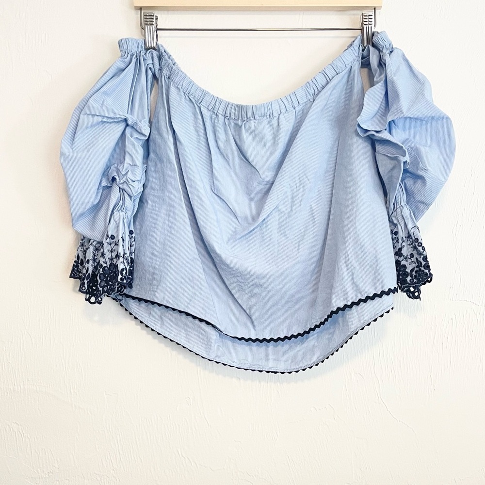 Pre-loved! ZARA Basic Pin Striped off the shoulder embroidered, gathered…